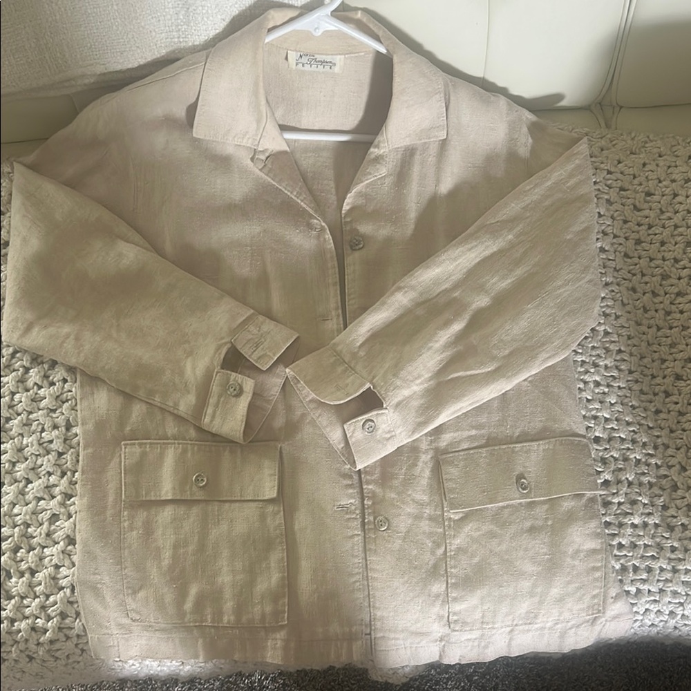 Norm Thompson Tan Utility Button Down Lightweight Linen